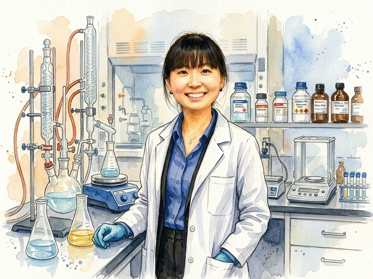 Watercolour of Dr Ally Yeo in her lab